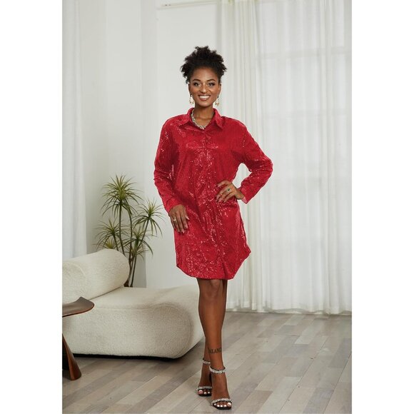 Sequin Midi Dress Women Long Sleeve Party Glitter V-Neck Size X-Large - Picture 3 of 5